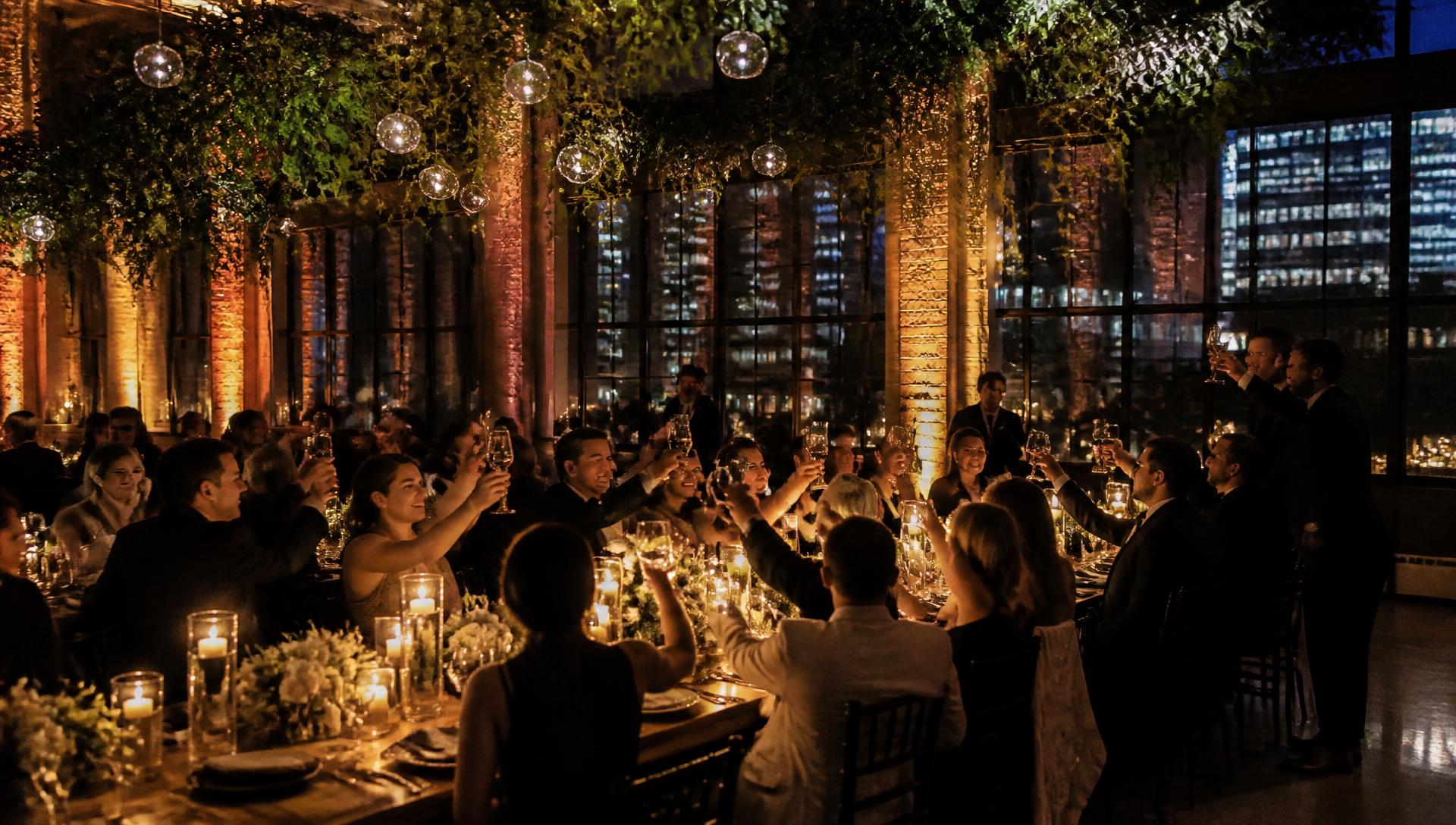 Candlelit loft dinner event with guests toasting