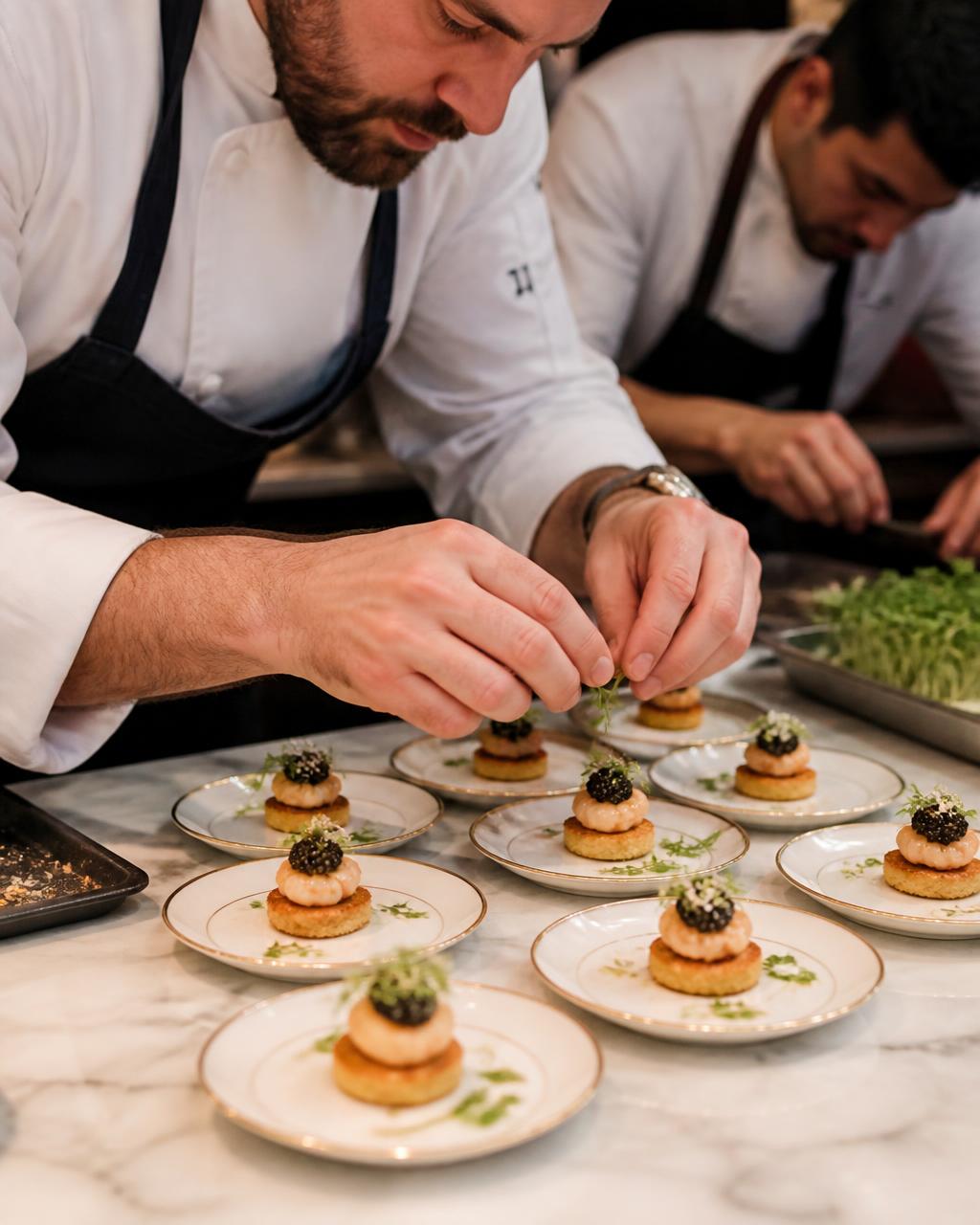 Chefs plating canapés for a private event
