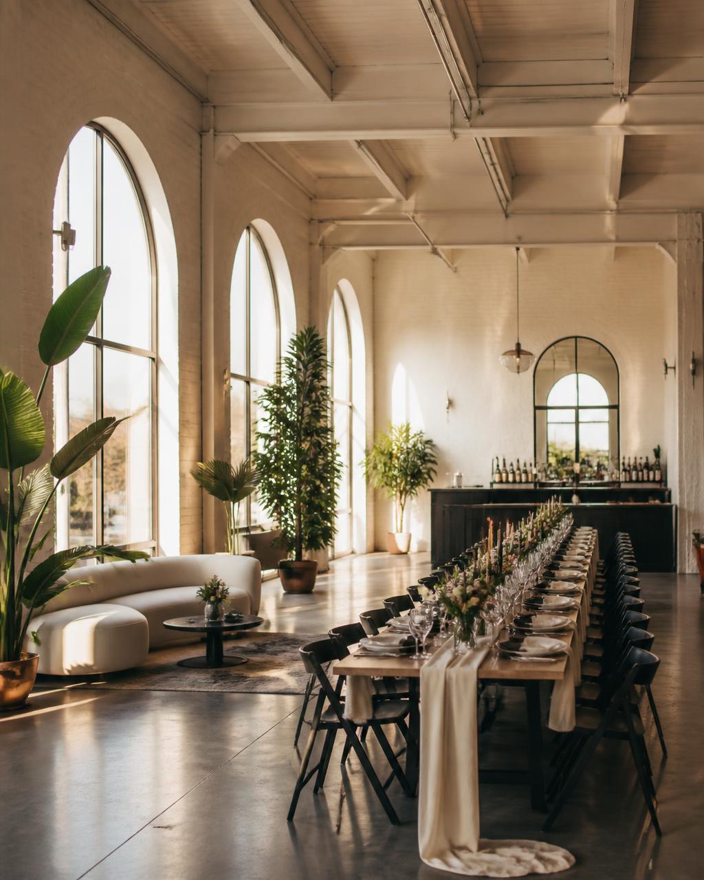 Sunlit loft venue set for a long-table dinner